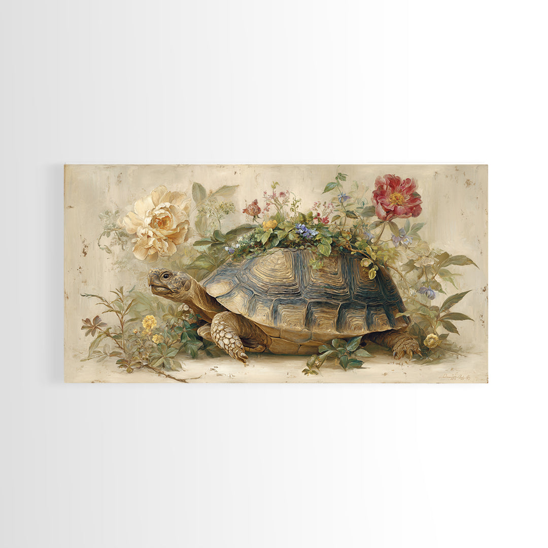 Turtle with Garden Growing on Shell Framed Canvas Print, Whimsical Art, Printable Wall Art, Living Room Decor, Fine Art, Wonder, WHI-2x1-90