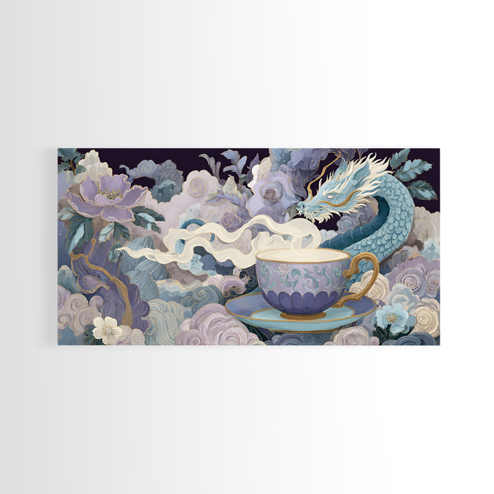 Dragon Curled Around a Teacup Framed Canvas Print, Whimsical Art, Whimsical, Living Room Decor, Oil Painting, Wonder, WHI-2x1-92