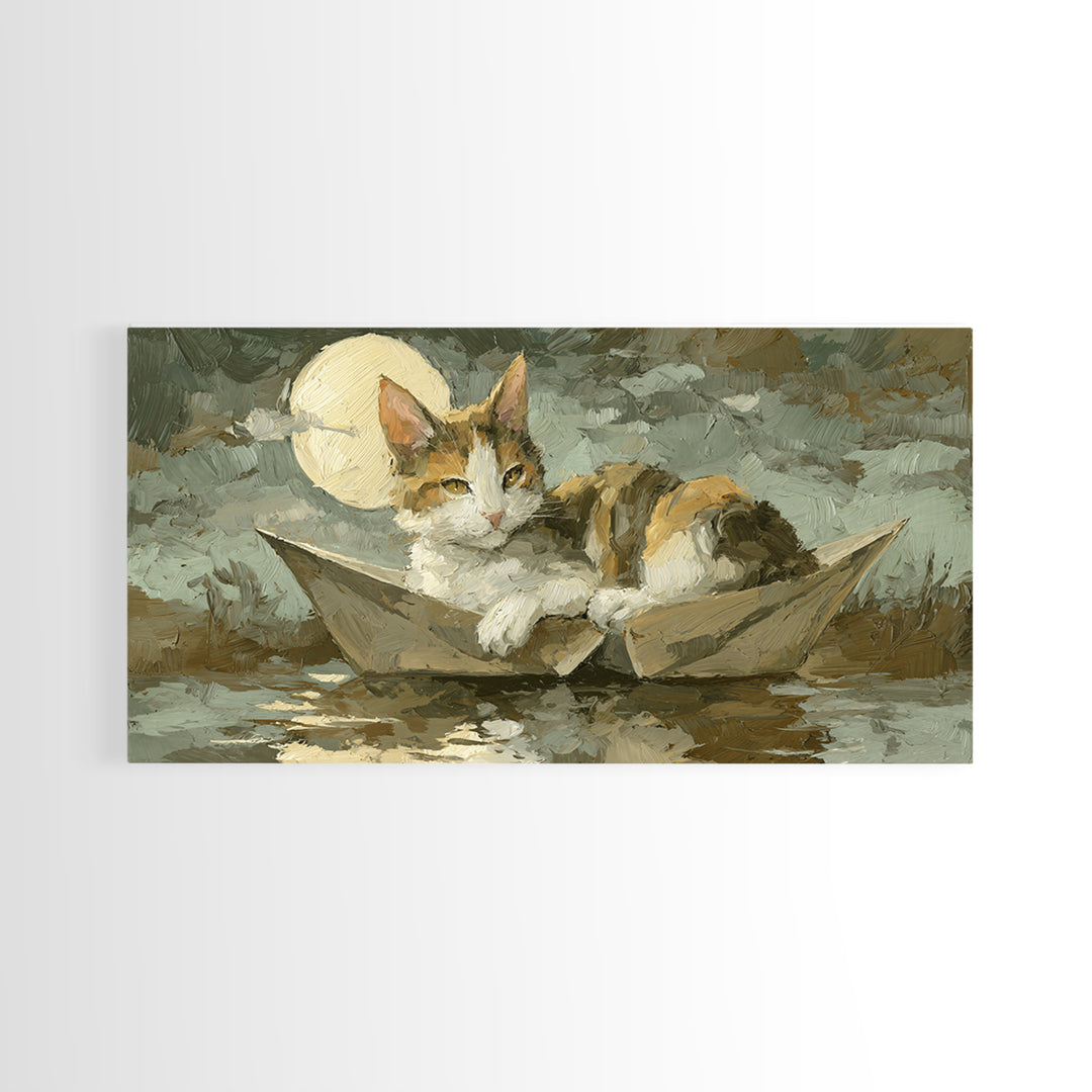 Cat Sailing a Paper Boat Canvas Print, Whimsical Art, Oil Painting, Living Room Decor, Fine Art, Wonder, Dark Academia Decor, WHI-2x1-94