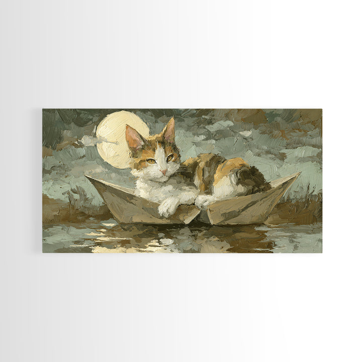 Cat Sailing a Paper Boat Canvas Print, Whimsical Art, Oil Painting, Living Room Decor, Fine Art, Wonder, Dark Academia Decor, WHI-2x1-94