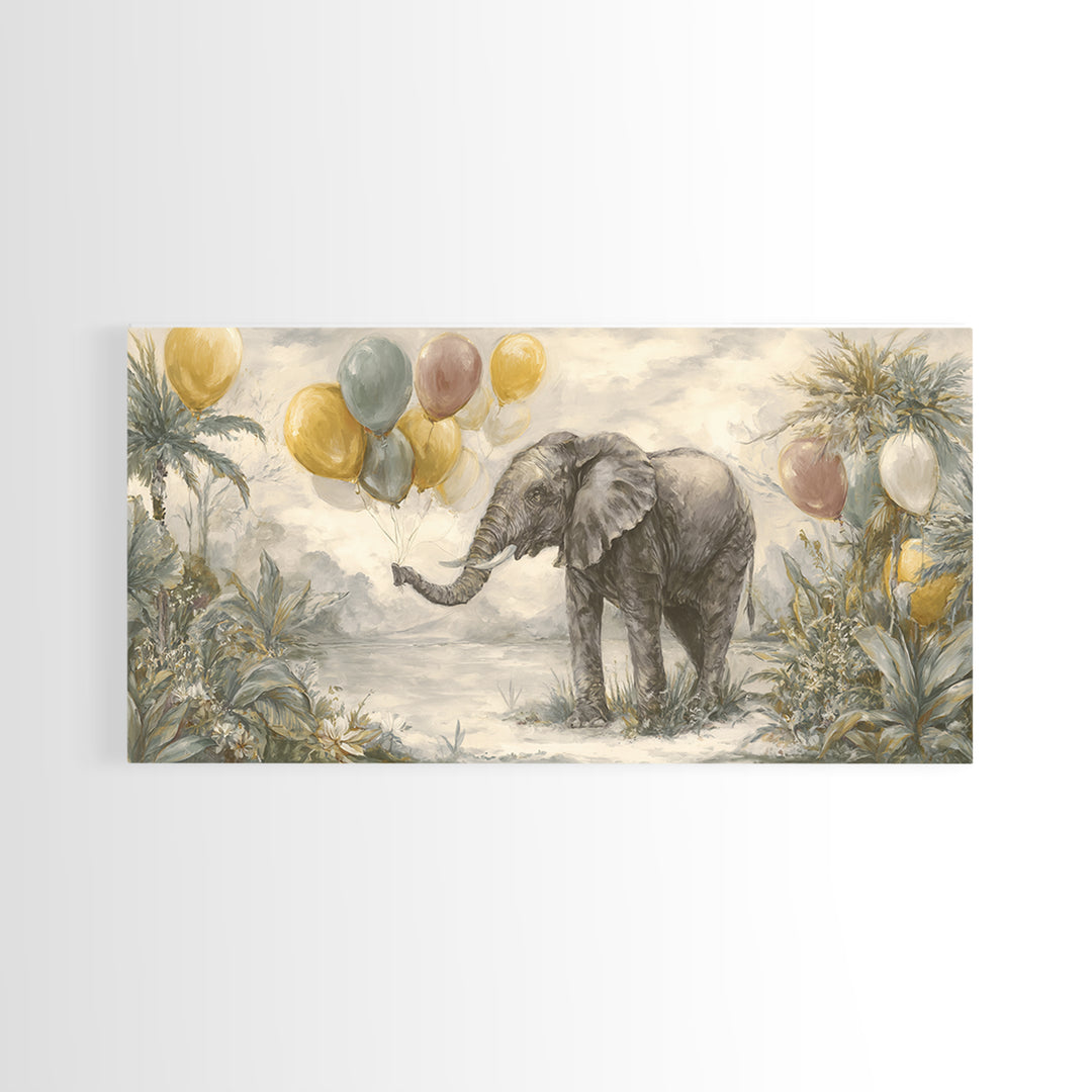 Elephant Holding Balloons Framed Canvas Print, Whimsical Art, Neutral Decor, Living Room Decor, Fine Art, Wonder, Home Decor, WHI-2x1-95