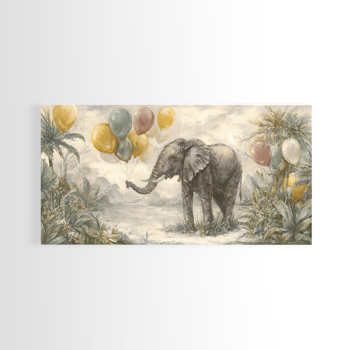 Elephant Holding Balloons Framed Canvas Print, Whimsical Art, Neutral Decor, Living Room Decor, Fine Art, Wonder, Home Decor, WHI-2x1-95