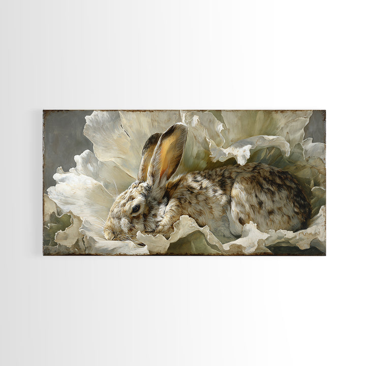 Rabbit Reading Beneath a Giant Flower Framed Canvas Print, Whimsical Art, Abstract Wall Art, Living Room Decor, Watercolor Art, WHI-2x1-97