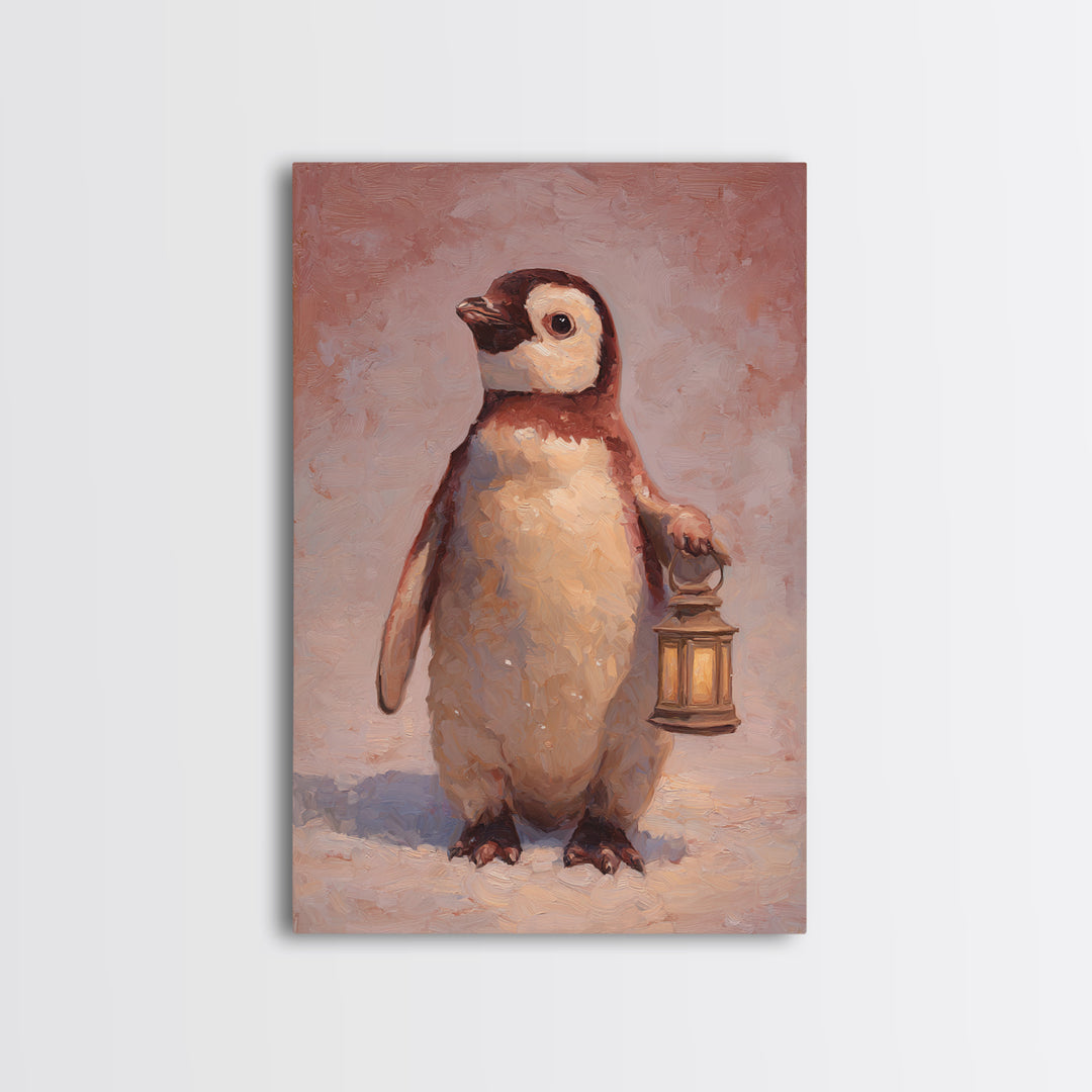 Penguin Holding a Lantern Framed Canvas Print, Whimsical Art, Oil Painting, Living Room Decor, Wonder, Dark Academia Decor, WHI-2x3-1