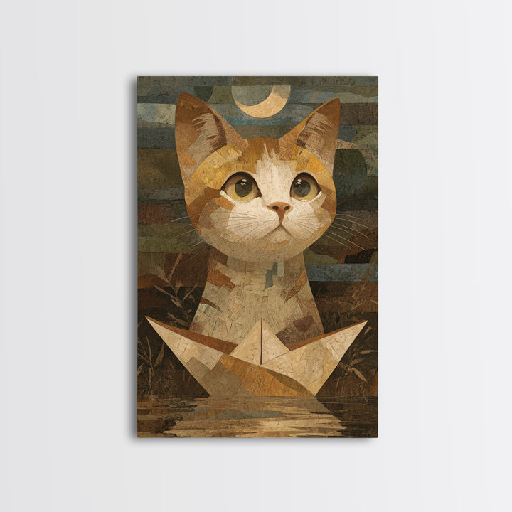 Cat Sailing a Paper Boat Canvas Print, Whimsical Art, Contemporary Art, Living Room Decor, Fine Art, Wonder, Art Nouveau, WHI-2x3-10