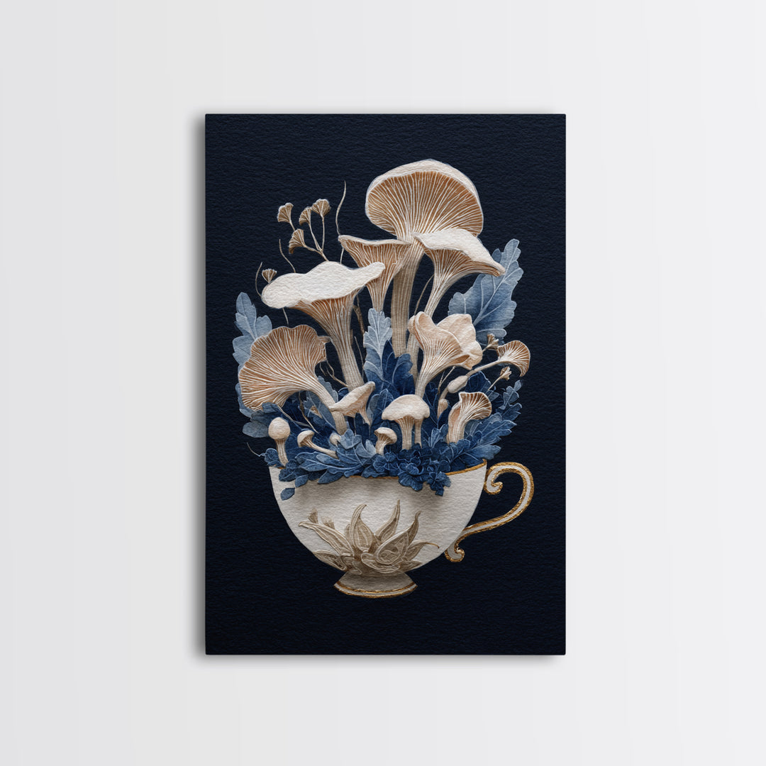 Teacup Garden with Tiny Mushrooms Framed Canvas Print, Whimsical Art, Printable Wall Art, Living Room Decor, Fine Art, Wonder, WHI-2x3-12