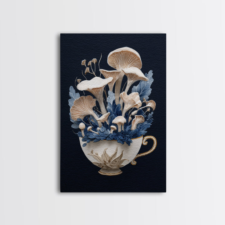 Teacup Garden with Tiny Mushrooms Framed Canvas Print, Whimsical Art, Printable Wall Art, Living Room Decor, Fine Art, Wonder, WHI-2x3-12