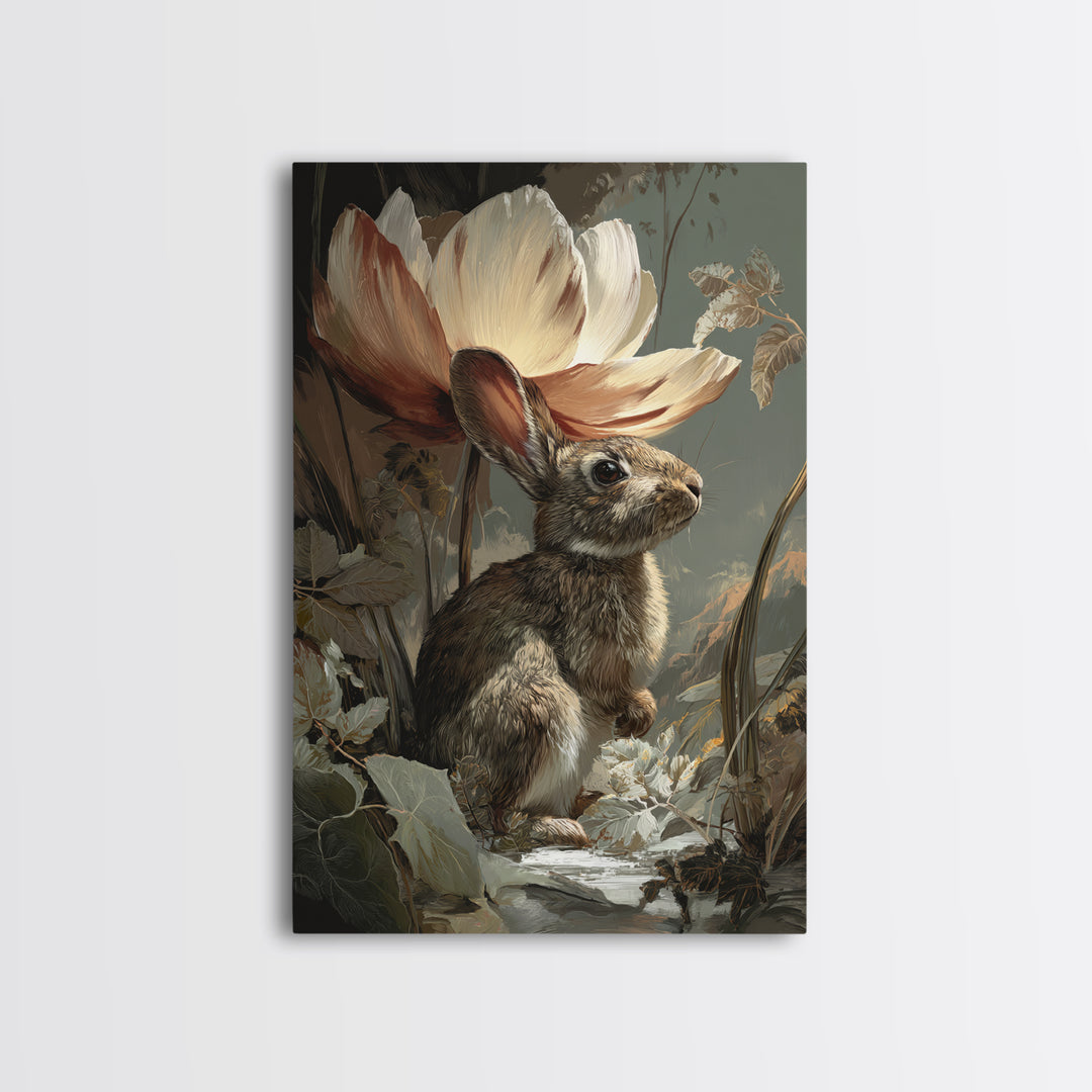 Rabbit Reading Beneath a Giant Flower Framed Canvas Print, Whimsical Art, Nursery Wall Art, Living Room Decor, Fine Art, Wonder, WHI-2x3-13