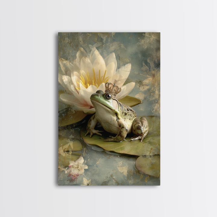 Frog Prince on a Lily Pad Canvas Print, Whimsical Art, Gallery Decor, Living Room Decor, Fine Art, Wonder, Wall Art, Home Decor, WHI-2x3-16