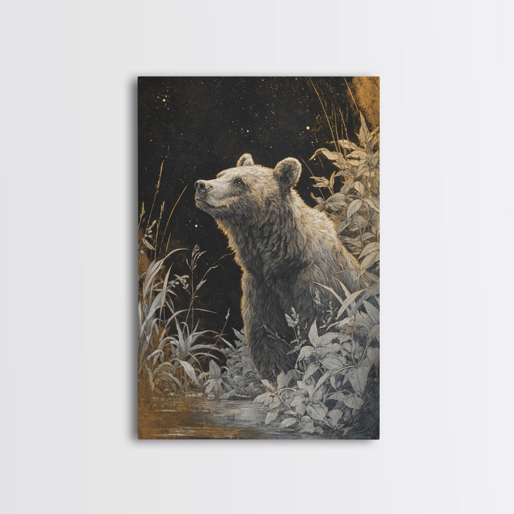 Bear Painting Stars Onto the Night Sky Framed Canvas Print, Whimsical Art, Art Nouveau, Living Room Decor, Abstract Art, Wonder, WHI-2x3-17