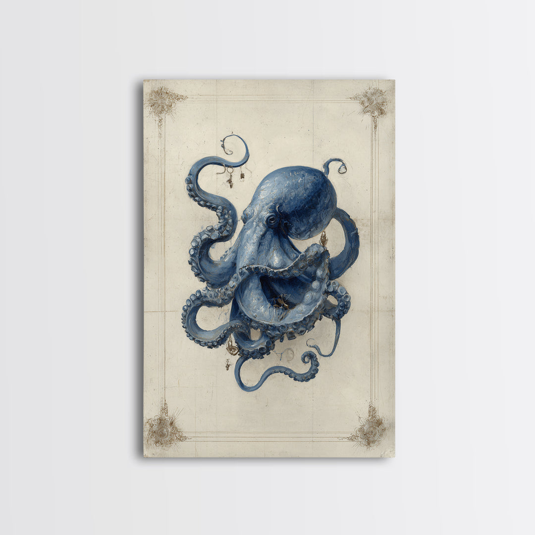 Octopus Conductor with Tiny Instruments Framed Canvas Print, Whimsical Art, Living Room Decor, Abstract Art, Wonder, WHI-2x3-2