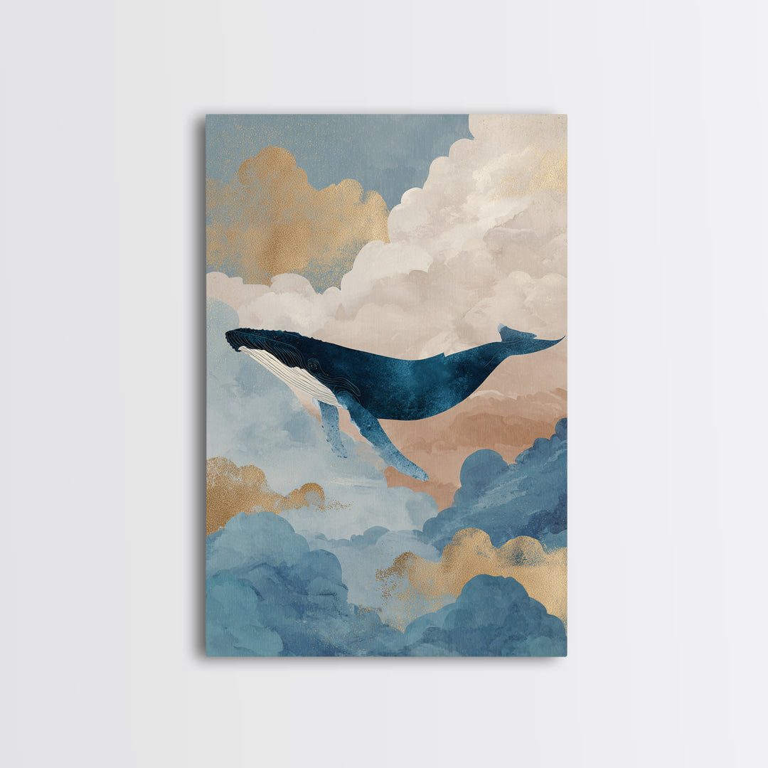 Whale Flying Through Clouds Like Ocean Framed Canvas Print, Whimsical Art, Printable Wall Art, Living Room Decor, Wonder, WHI-2x3-21