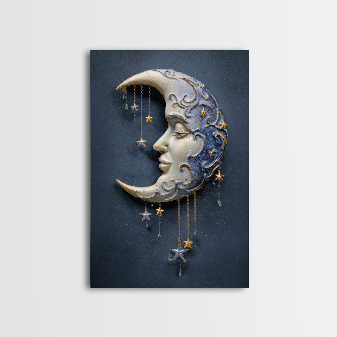 Moon with Sleeping Face and Dangling Stars Framed Canvas Print, Whimsical Art, Modern Decor, Living Room Decor, Wonder, WHI-2x3-24