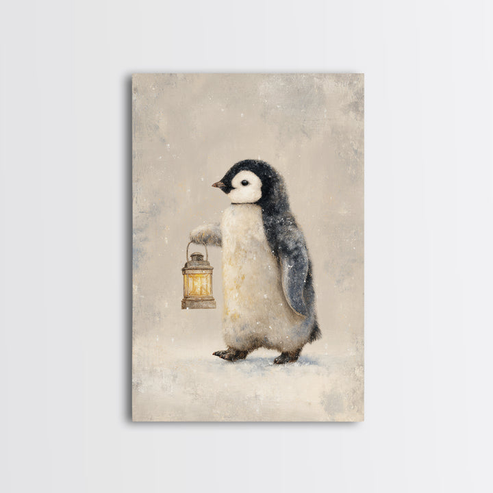 Penguin Holding a Lantern Framed Canvas Print, Whimsical Art, Oil Painting, Living Room Decor, Wonder, Dark Academia Decor, WHI-2x3-25