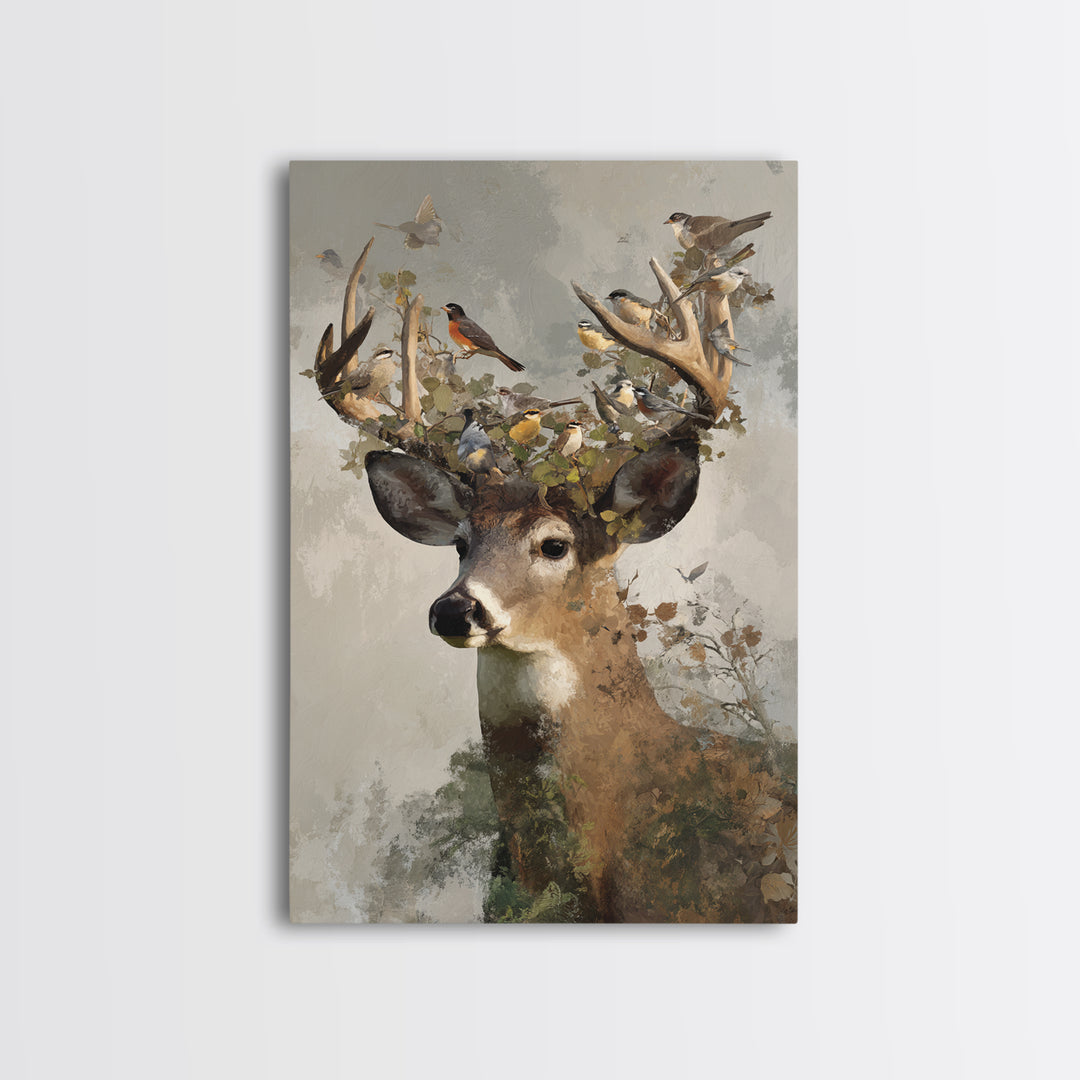 Deer with Antlers Full of Birds Framed Canvas Print, Whimsical Art, Room Decor, Living Room Decor, Wonder, Oil Painting, WHI-2x3-3