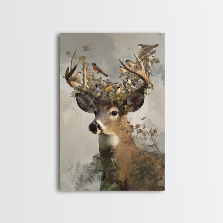 Deer with Antlers Full of Birds Framed Canvas Print, Whimsical Art, Room Decor, Living Room Decor, Wonder, Oil Painting, WHI-2x3-3