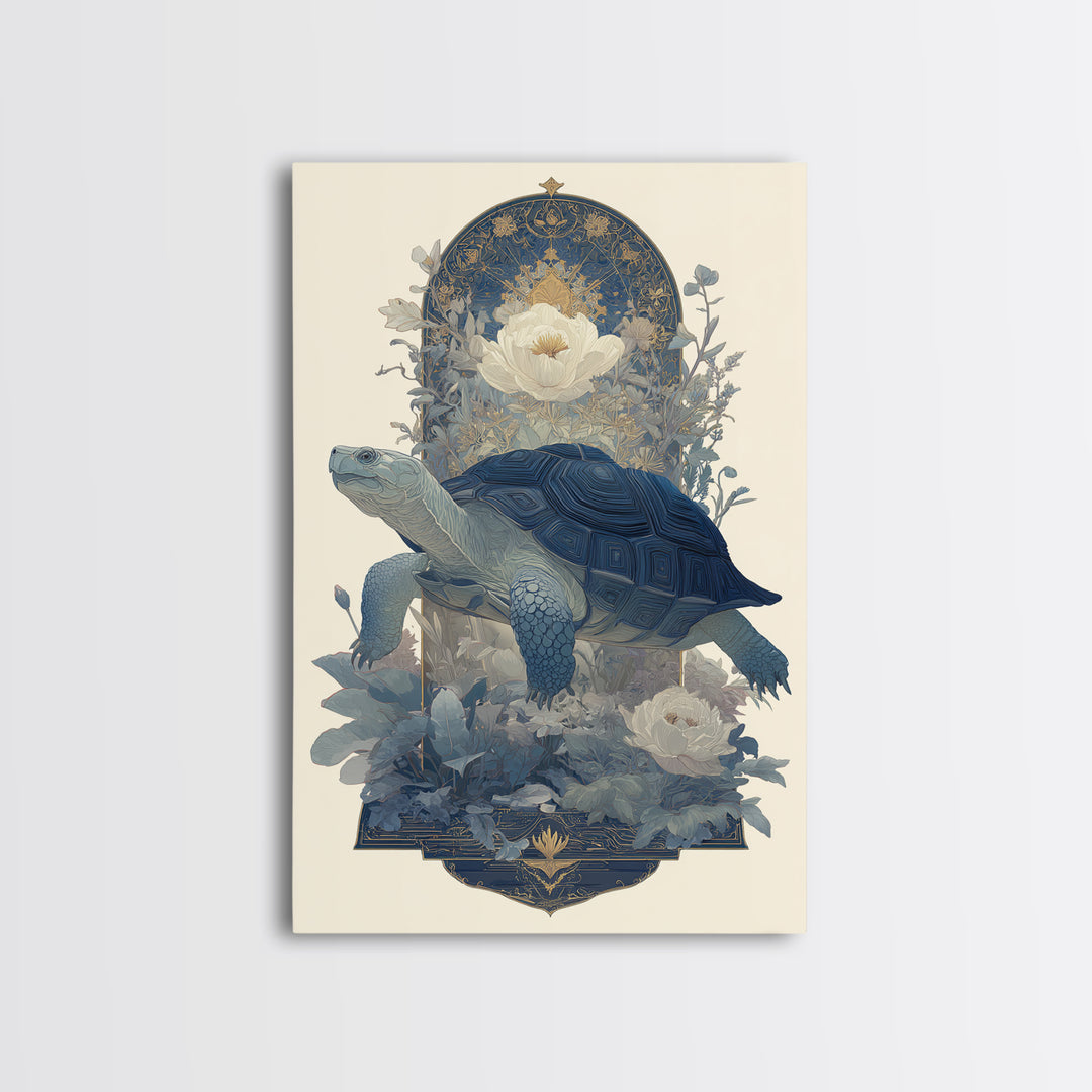 Turtle with Garden Growing on Shell Framed Canvas Print, Whimsical Art, Minimalist Decor, Living Room Decor, Oil Painting, WHI-2x3-30