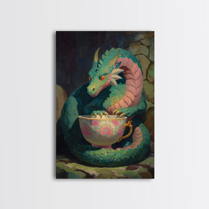 Dragon Curled Around a Teacup Canvas Print, Whimsical Art, Statement Artwork, Living Room Decor, Fine Art, Wonder, Art Print, WHI-2x3-32