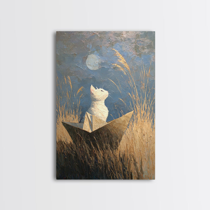 Cat Sailing a Paper Boat Framed Canvas Print, Whimsical Art, Digital Art, Living Room Decor, Fine Art, Wonder, Nursery, WHI-2x3-34