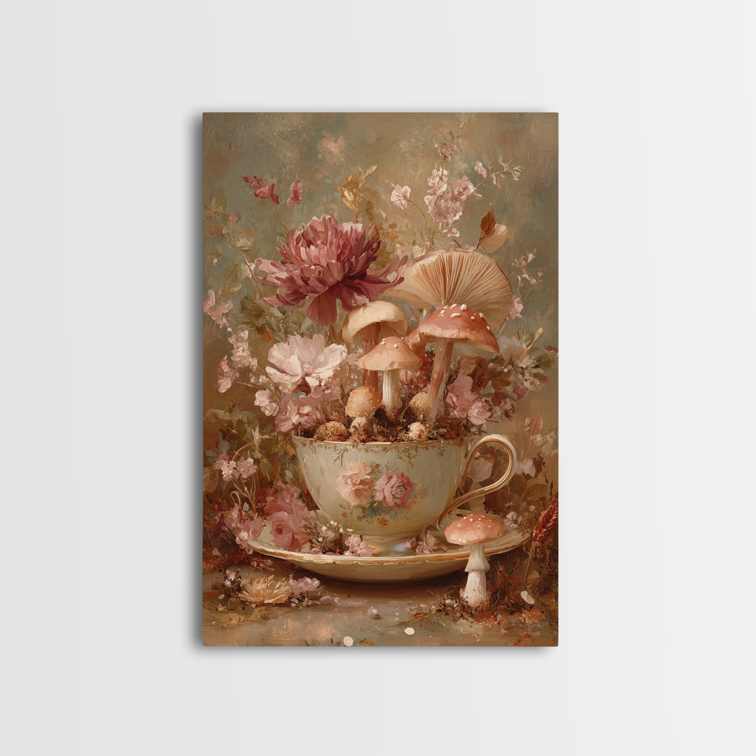 Teacup Garden with Tiny Mushrooms Framed Canvas Print, Whimsical Art, Watercolor Art, Living Room Decor, Fine Art, Wonder, WHI-2x3-36
