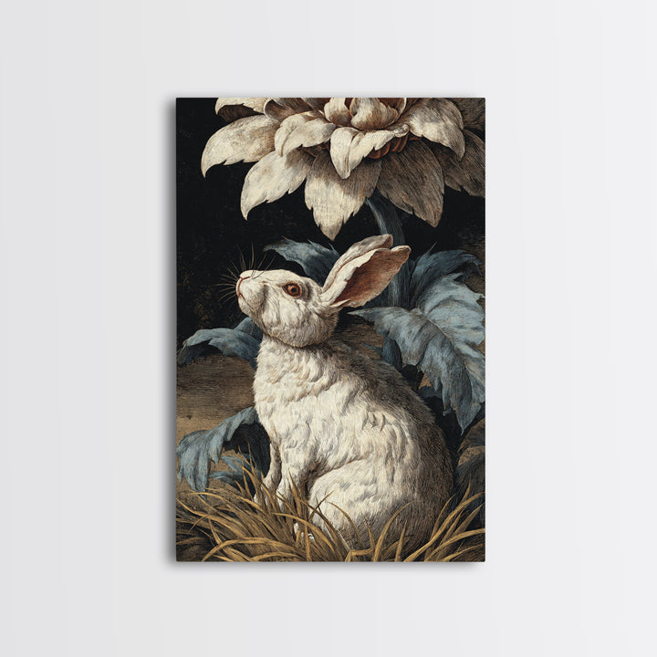 Rabbit Reading Beneath a Giant Flower Framed Canvas Print, Whimsical Art, Nursery Wall Art, Living Room Decor, Fine Art, Wonder, WHI-2x3-37