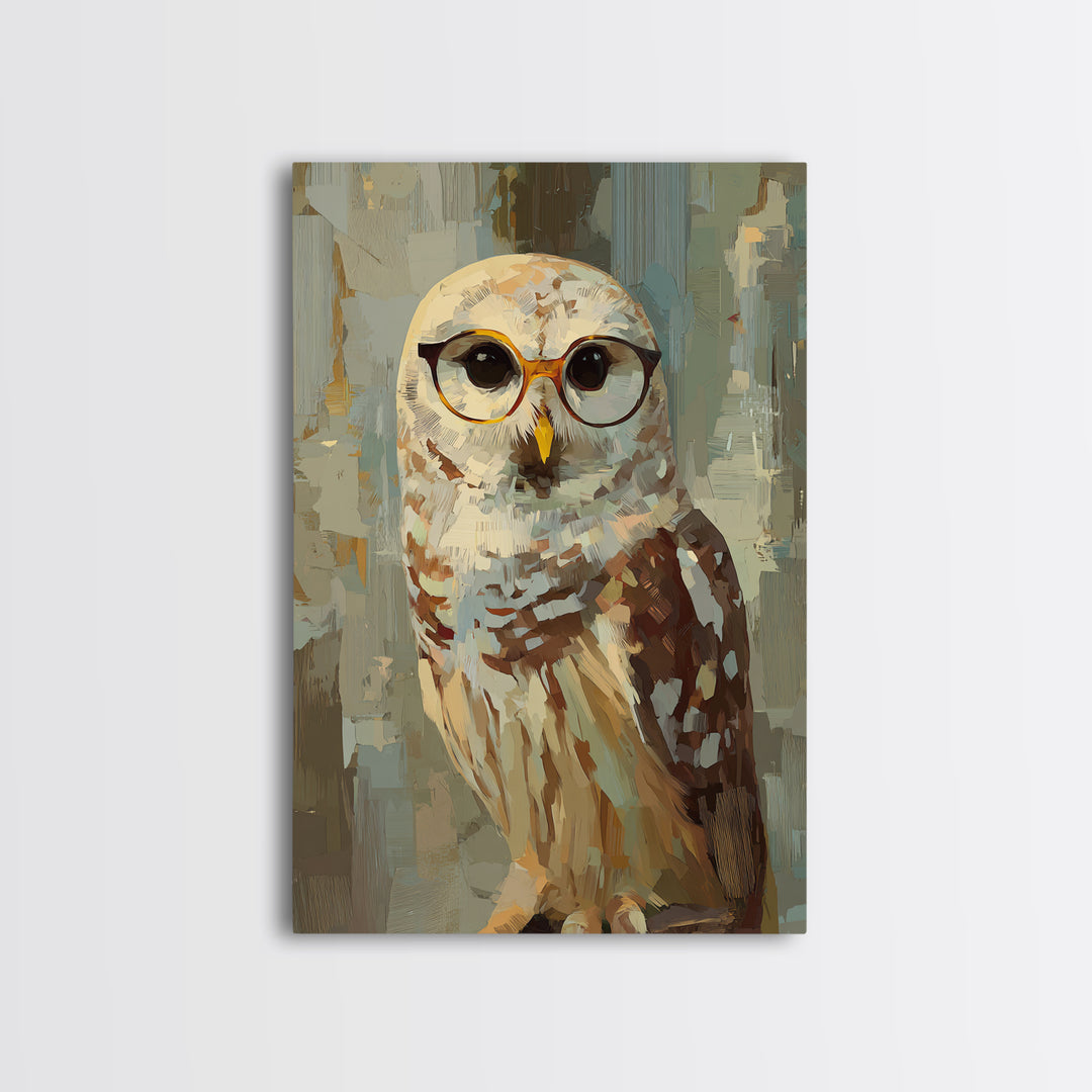 Owl Wearing Spectacles Among Stars Framed Canvas Print, Whimsical Art, Pet Portrait, Living Room Decor, Fine Art, Wonder, WHI-2x3-38
