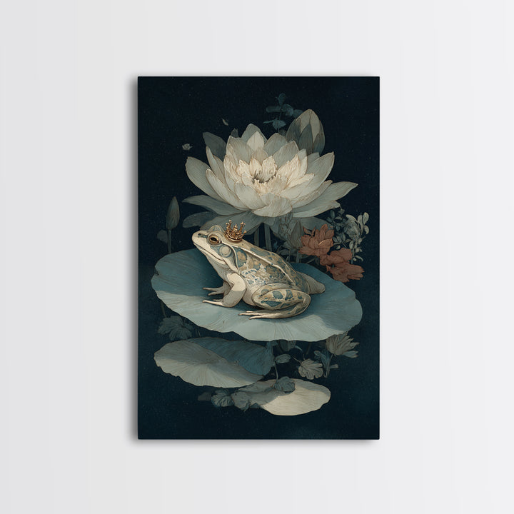 Frog Prince on a Lily Pad Canvas Print, Whimsical Art, Contemporary Art, Living Room Decor, Fine Art, Wonder, Art Nouveau, WHI-2x3-40