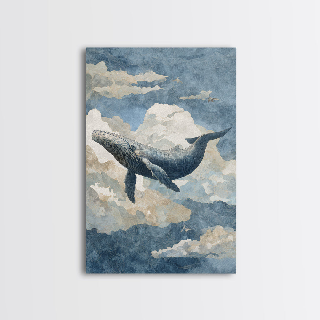 Whale Flying Through Clouds Like Ocean Canvas Print, Whimsical Art, Framed Wall Art, Living Room Decor, Oil Painting, Wonder, WHI-2x3-45