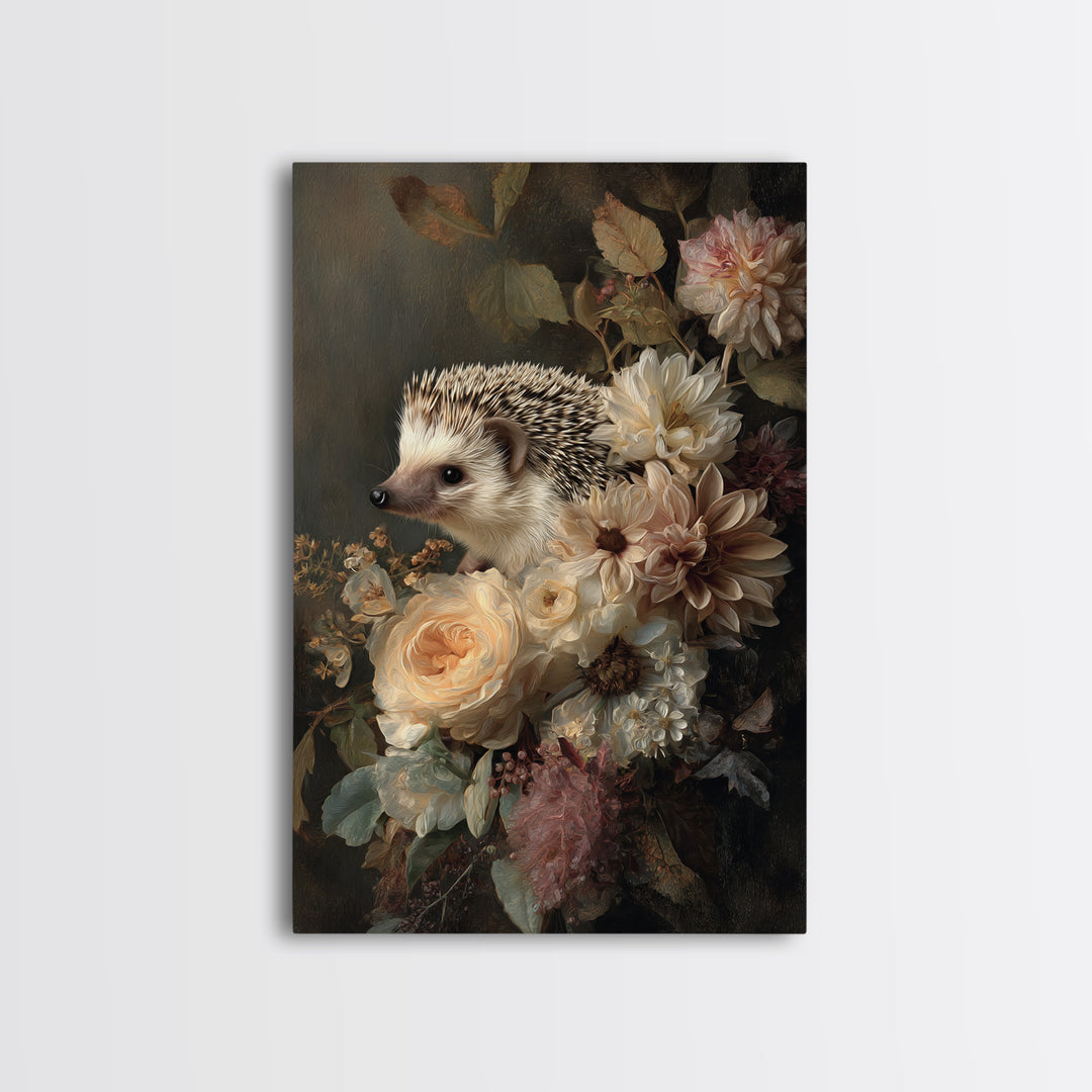 Hedgehog Carrying Wildflowers Framed Canvas Print, Whimsical Art, Art Nouveau, Living Room Decor, Wonder, Nursery Wall Decor, WHI-2x3-47