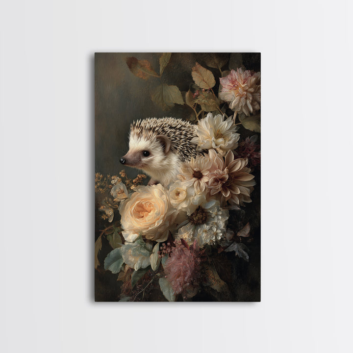 Hedgehog Carrying Wildflowers Framed Canvas Print, Whimsical Art, Art Nouveau, Living Room Decor, Wonder, Nursery Wall Decor, WHI-2x3-47