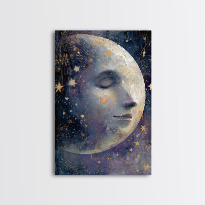 Moon with Sleeping Face and Dangling Stars Framed Canvas Print, Whimsical Art, Home Decor, Living Room Decor, Fine Art, Wonder, WHI-2x3-48