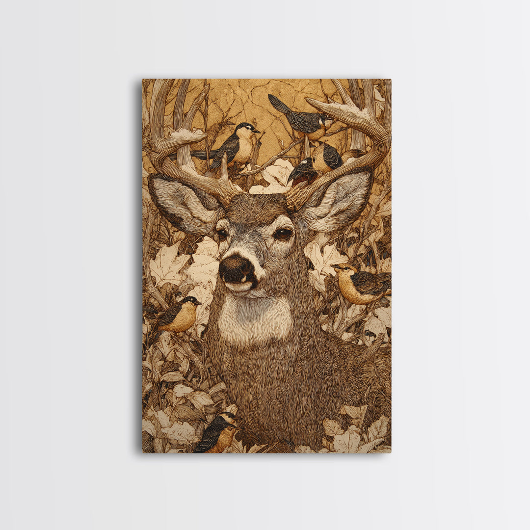 Deer with Antlers Full of Birds Framed Canvas Print, Whimsical Art, Printable Wall Art, Living Room Decor, Oil Painting, Wonder, WHI-2x3-51