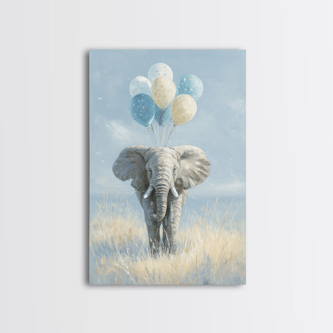 Elephant Holding Balloons Framed Canvas Print, Whimsical Art, Whimsical, Living Room Decor, Oil Painting, Wonder, Nursery Art, WHI-2x3-59