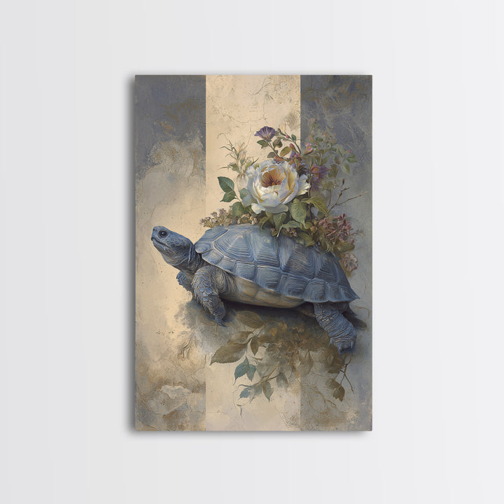 Turtle with Garden Growing on Shell Framed Canvas Print, Whimsical Art, Minimalist Decor, Living Room Decor, Oil Painting, WHI-2x3-6