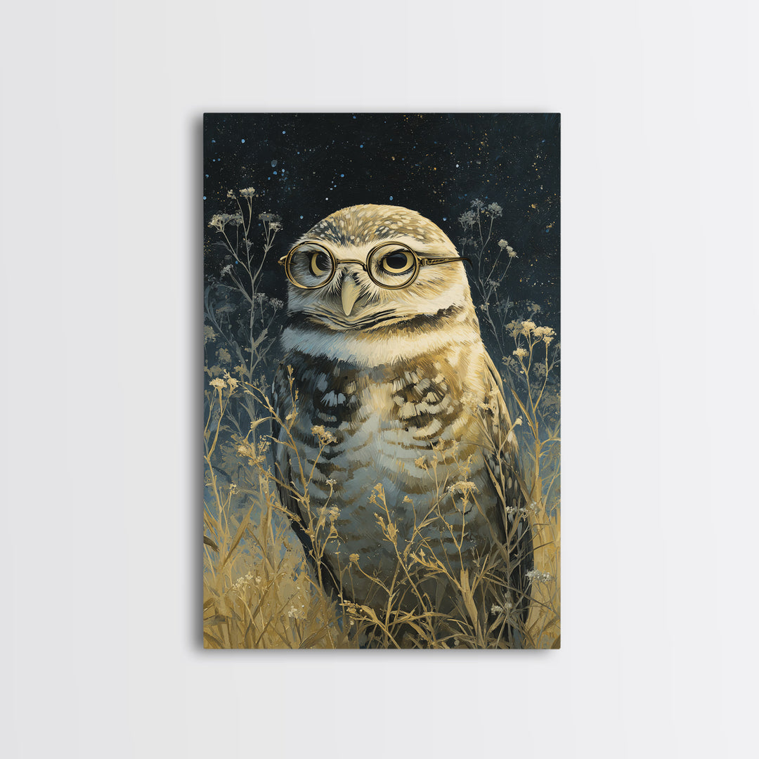 Owl Wearing Spectacles Among Stars Canvas Print, Whimsical Art, Art Nouveau, Living Room Decor, Abstract Art, Wonder, WHI-2x3-62