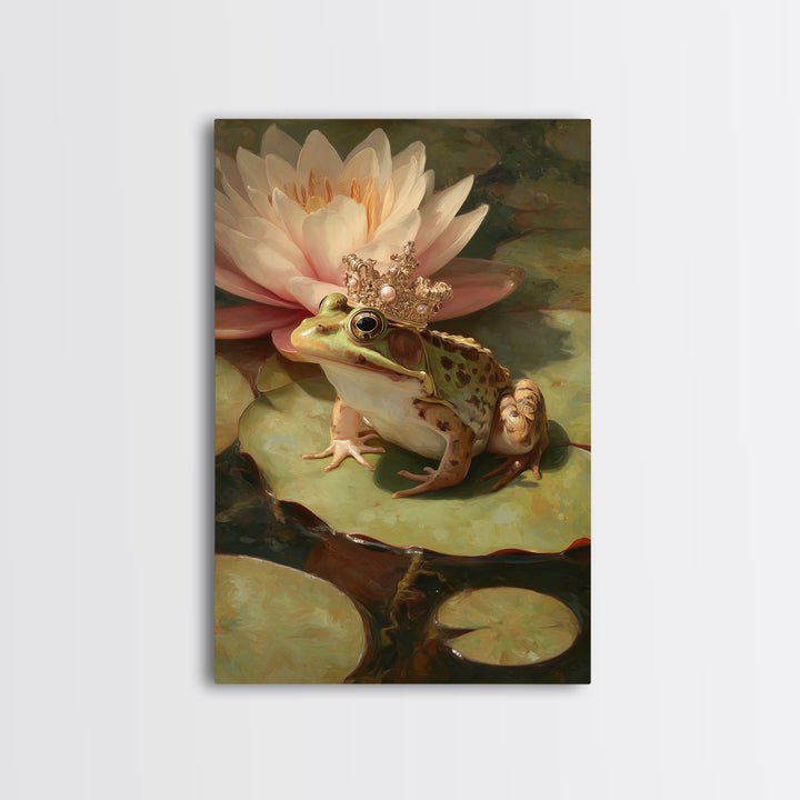 Frog Prince on a Lily Pad Framed Canvas Print, Whimsical Art, Digital Art, Living Room Decor, Fine Art, Wonder, Nursery, WHI-2x3-64