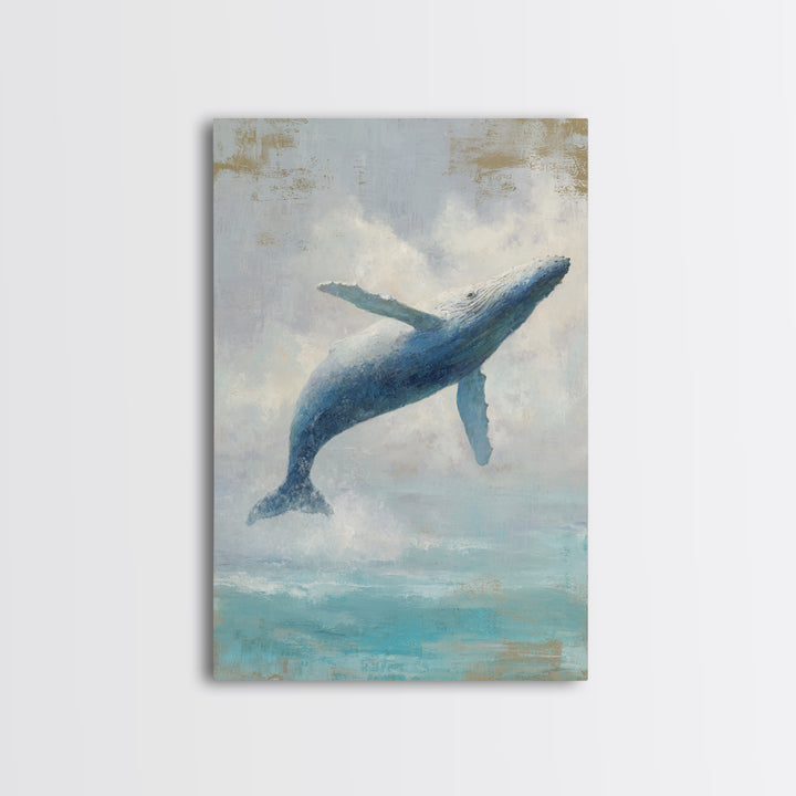 Whale Flying Through Clouds Like Ocean Framed Canvas Print, Whimsical Art, Living Room Decor, Fine Art, Wonder, Gallery Decor, WHI-2x3-69