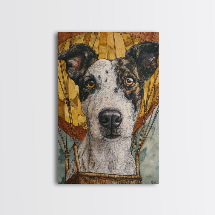 Dog in a Hot Air Balloon Canvas Print, Whimsical Art, Oil Painting, Living Room Decor, Fine Art, Wonder, Dark Academia Decor, WHI-2x3-70