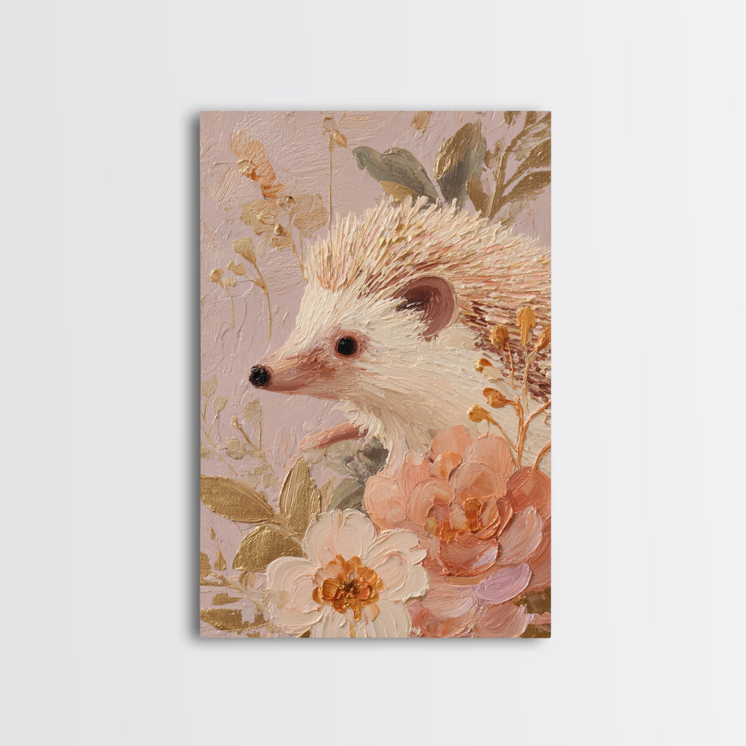 Hedgehog Carrying Wildflowers Canvas Print, Whimsical Art, Nursery, Living Room Decor, Oil Painting, Wonder, Watercolor Art, WHI-2x3-71