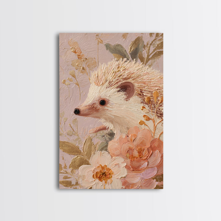 Hedgehog Carrying Wildflowers Canvas Print, Whimsical Art, Nursery, Living Room Decor, Oil Painting, Wonder, Watercolor Art, WHI-2x3-71