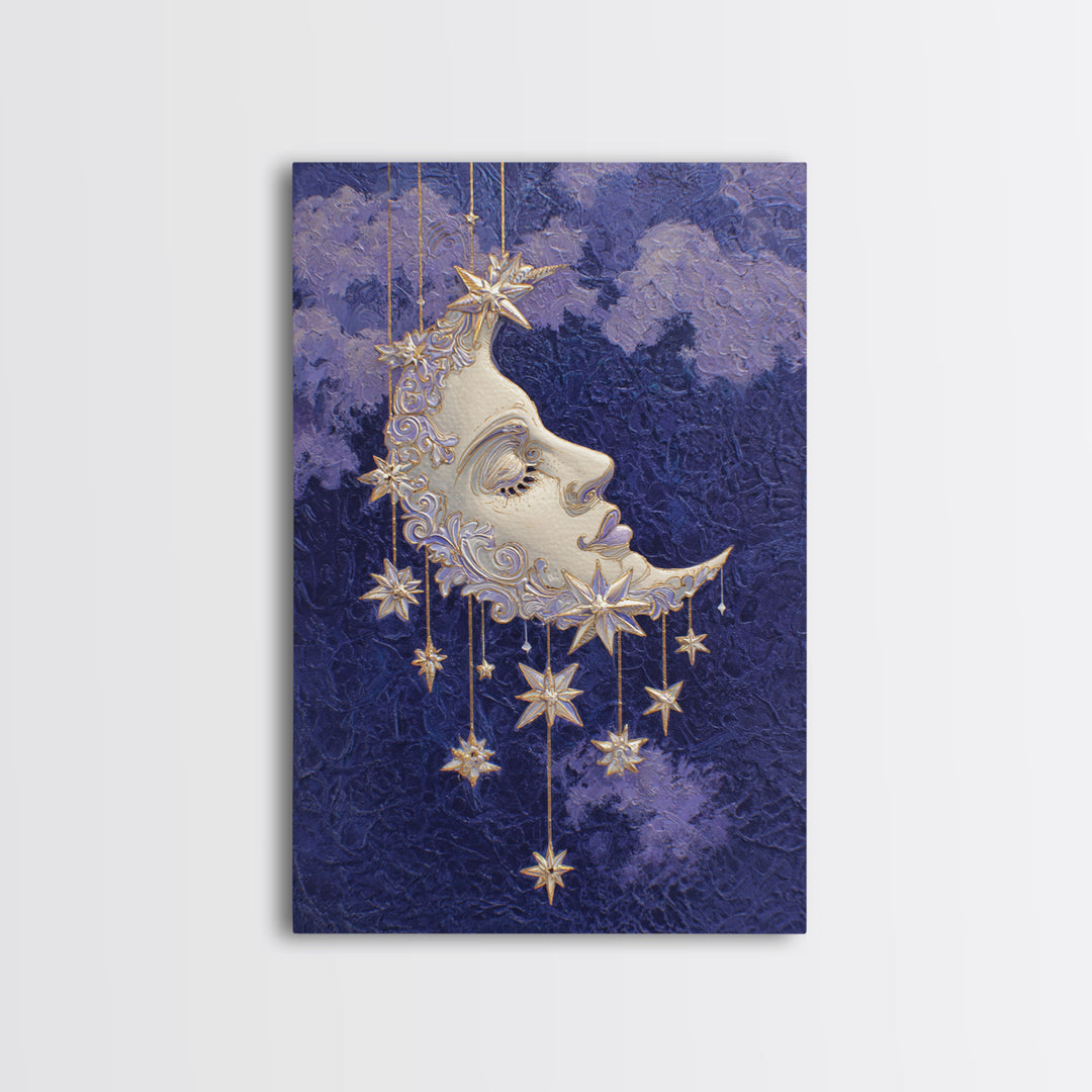 Moon with Sleeping Face and Dangling Stars Canvas Print, Whimsical Art, Printable Wall Art, Living Room Decor, Fine Art, Wonder, WHI-2x3-72