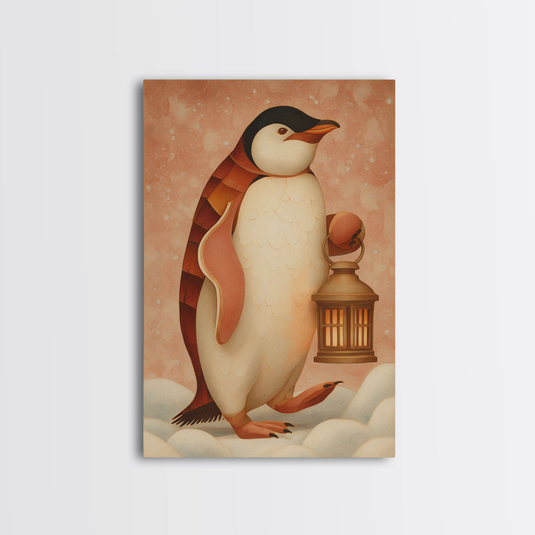 Penguin Holding a Lantern Framed Canvas Print, Whimsical Art, Abstract Wall Art, Living Room Decor, Fine Art, Wonder, WHI-2x3-73