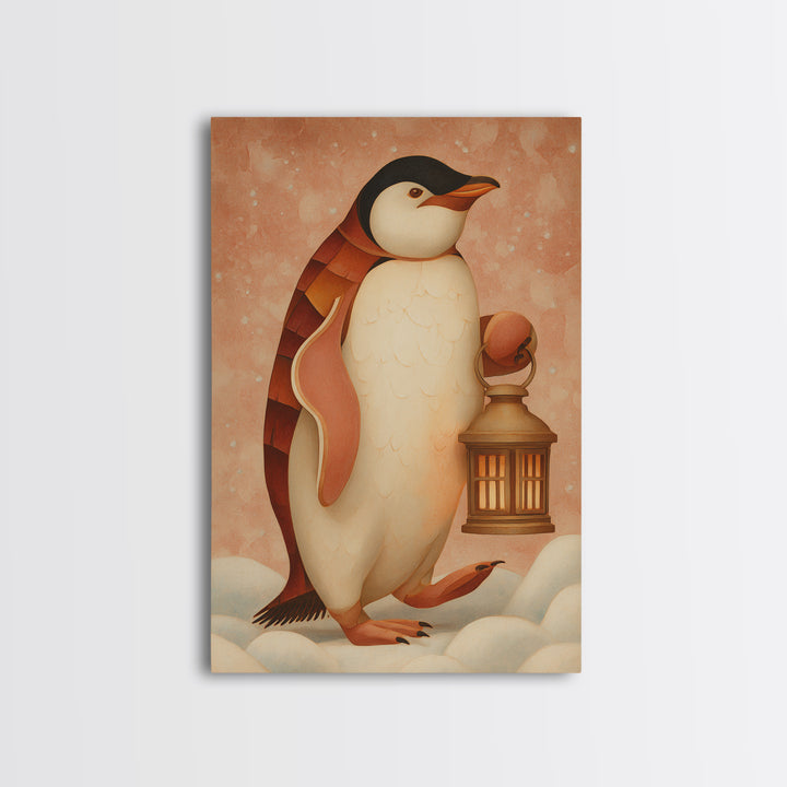 Penguin Holding a Lantern Framed Canvas Print, Whimsical Art, Abstract Wall Art, Living Room Decor, Fine Art, Wonder, WHI-2x3-73