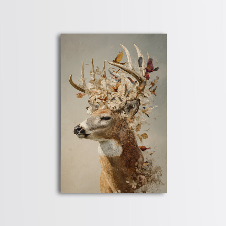 Deer with Antlers Full of Birds Framed Canvas Print, Whimsical Art, Living Room Decor, Fine Art, Wonder, Gallery Decor, WHI-2x3-75