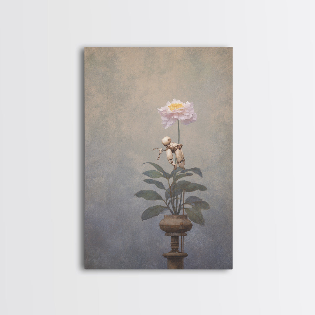 Robot Watering a Single Flower Canvas Print, Whimsical Art, Dark Academia Decor, Living Room Decor, Fine Art, Wonder, WHI-2x3-77