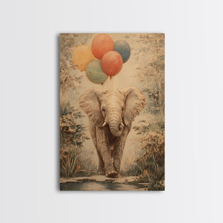 Elephant Holding Balloons Framed Canvas Print, Whimsical Art, Bird Art, Living Room Decor, Abstract Art, Wonder, WHI-2x3-83