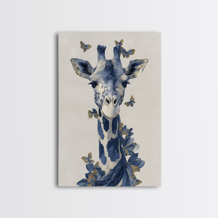 Giraffe with Scarf and Butterflies Framed Canvas Print, Whimsical Art, Framed Wall Art, Living Room Decor, Fine Art, Wonder, WHI-2x3-90
