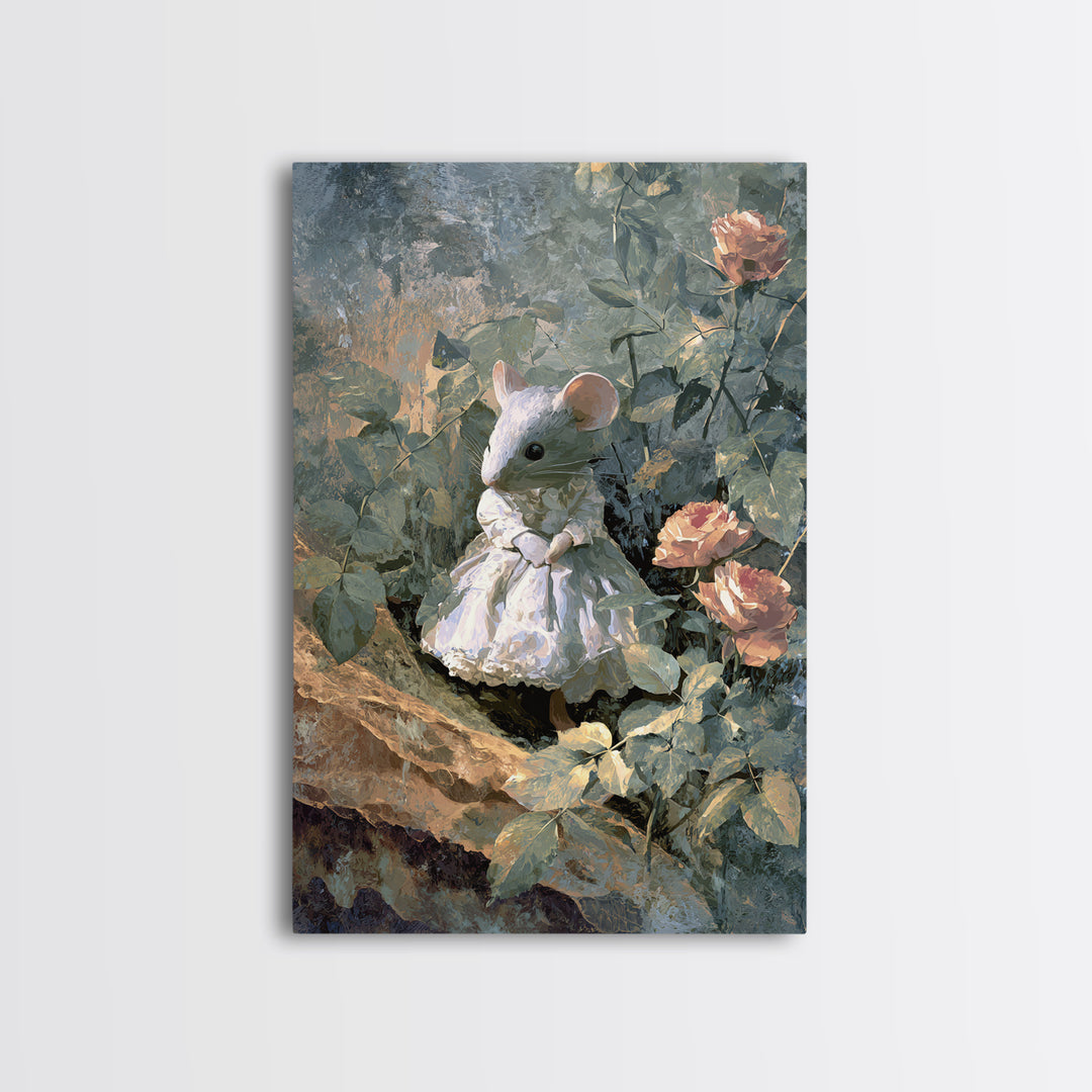 Mouse Ballerina in a Rose Garden Canvas Print, Whimsical Art, Cat Art, Living Room Decor, Watercolor Art, Wonder, WHI-2x3-91