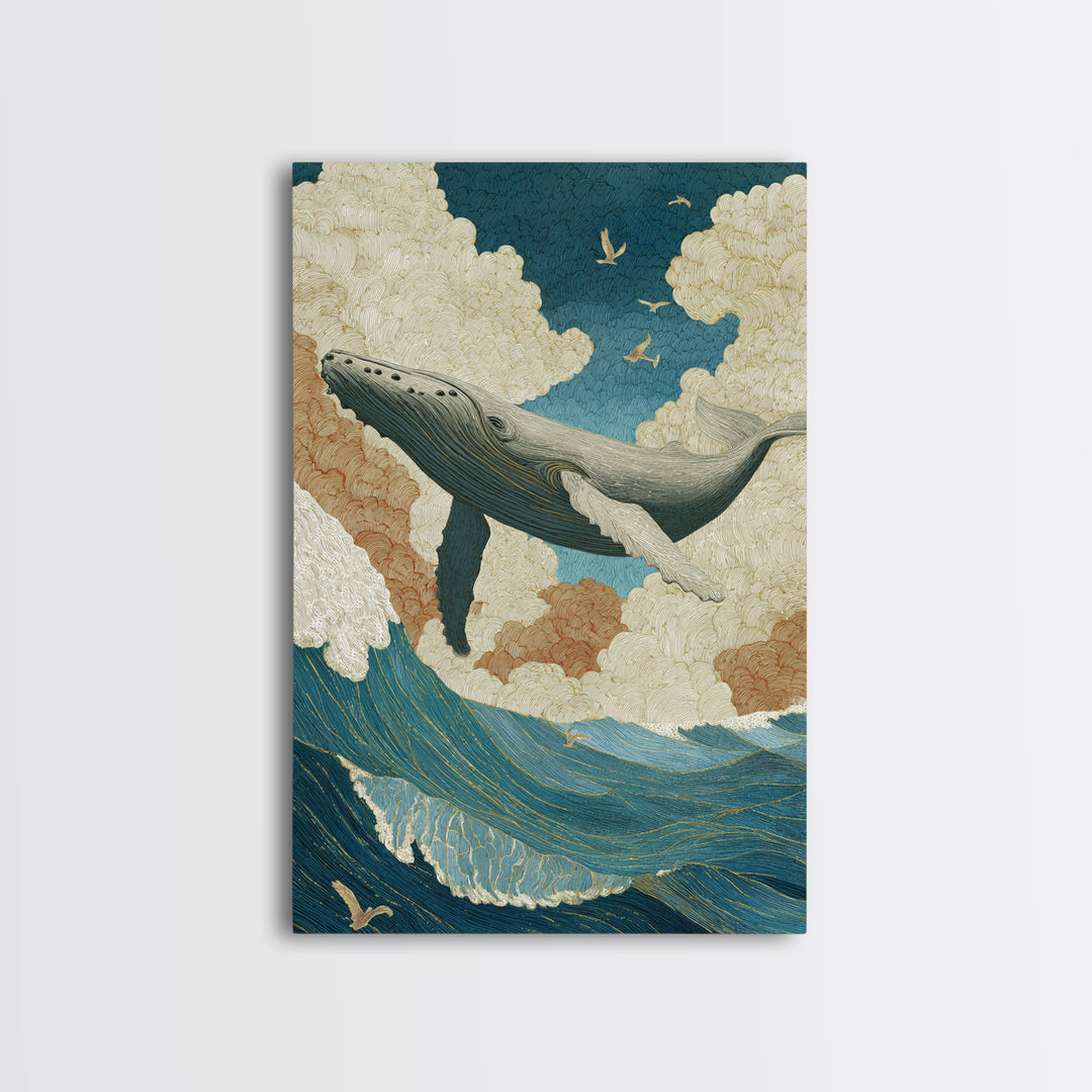 Whale Flying Through Clouds Like Ocean Framed Canvas Print, Whimsical Art, Living Room Decor, Fine Art, Wonder, Gallery Decor, WHI-2x3-93