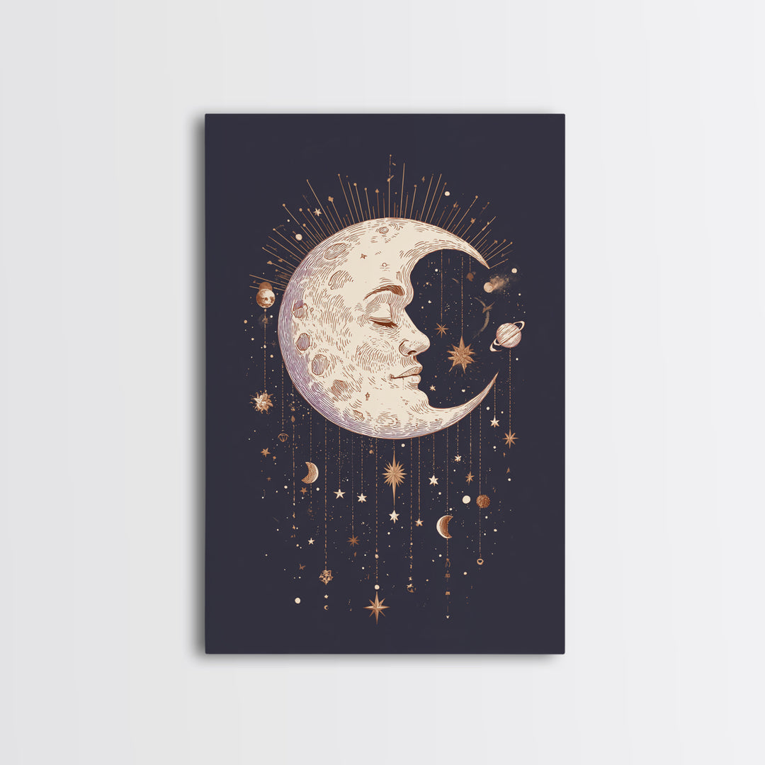 Moon with Sleeping Face and Dangling Stars Canvas Print, Whimsical Art, Living Room Decor, Fine Art, Wonder, Gallery Decor, WHI-2x3-96